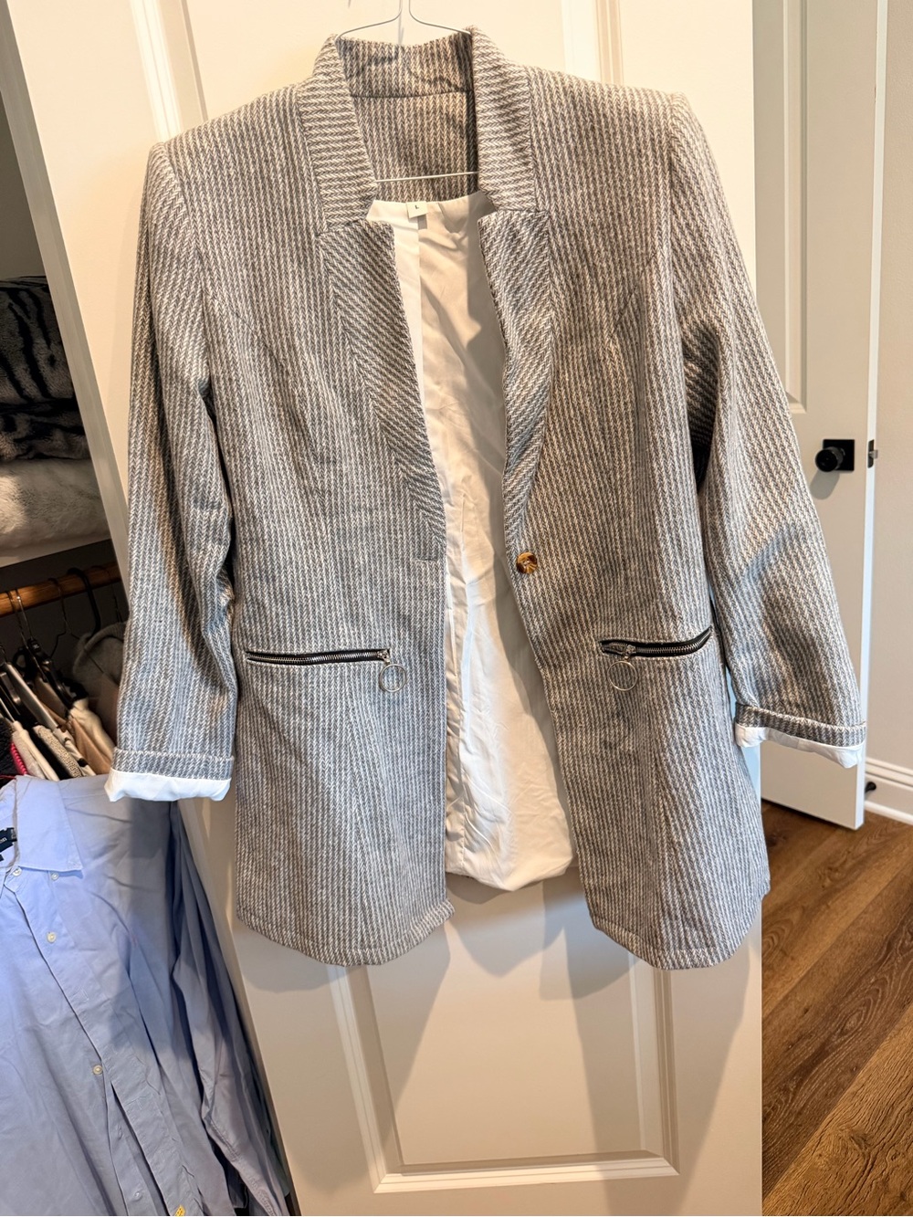 Women's Grey Pinstripe Single-Button Blazer